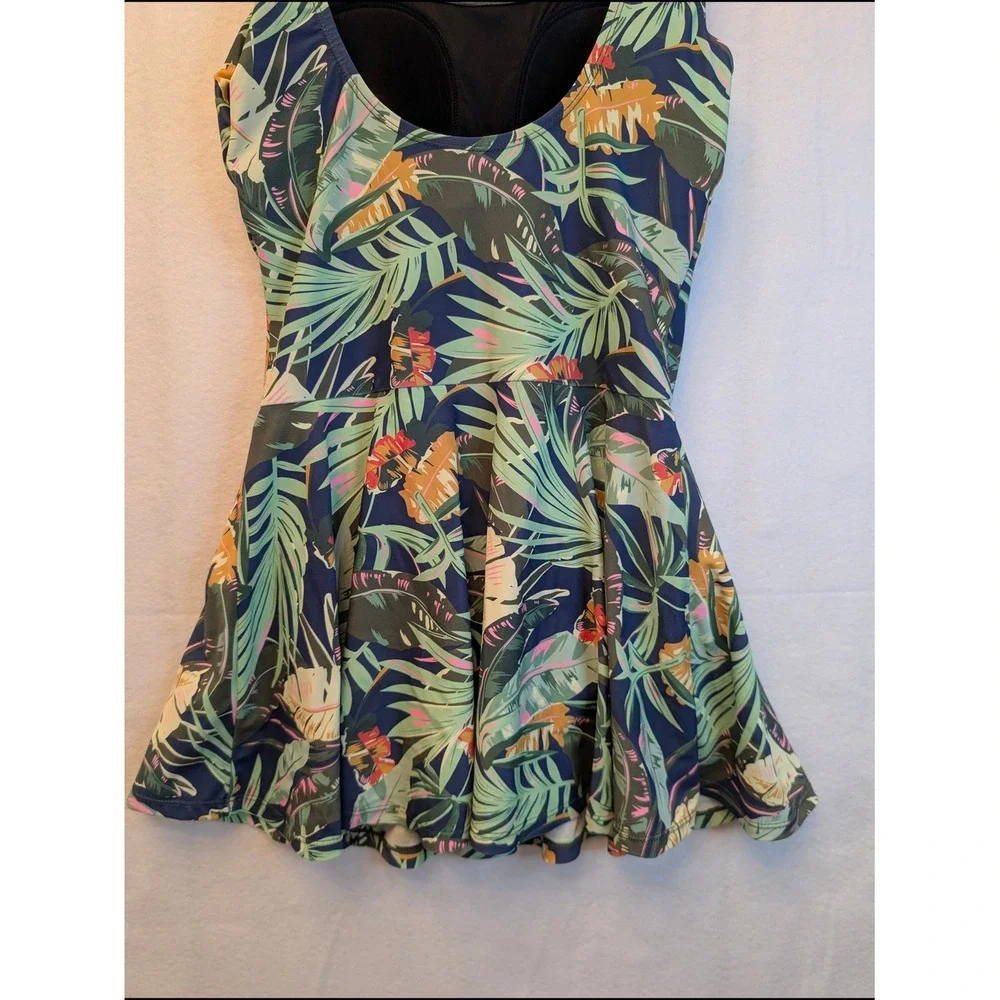Shore Shapes Tropical Palm Print Swim Dress Navy Blue One Piece Size 10 2119-22A - Picture 11 of 16